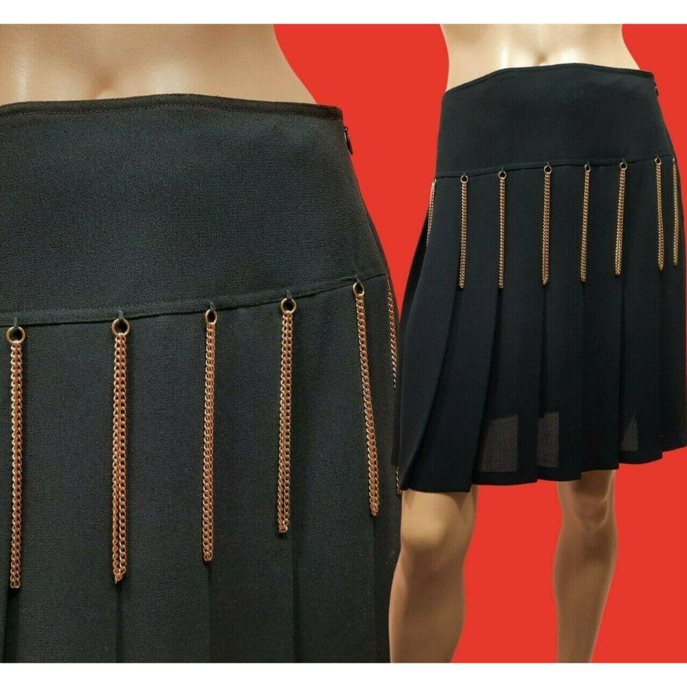 Vintage 90s Black Pleated Skirt With Gold Chains Size M Goth Grunge Punk
